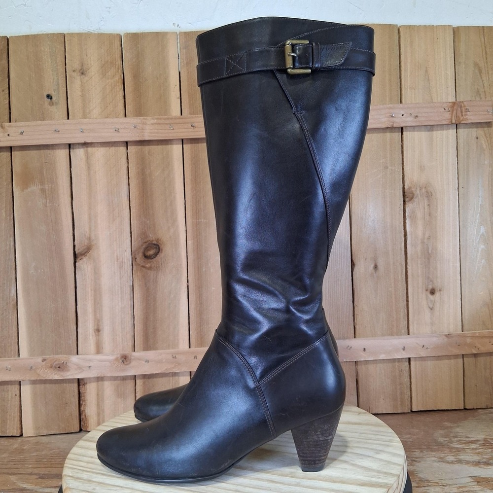ECCO Hope Tall Boots Womens 9 40 EU Brown Leather Zip Knee High Riding Buckle